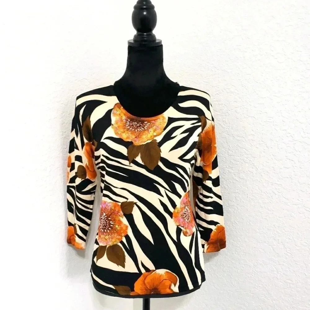 Beautiful Zebra Knit Top Gizel Sequin Beaded Flowe